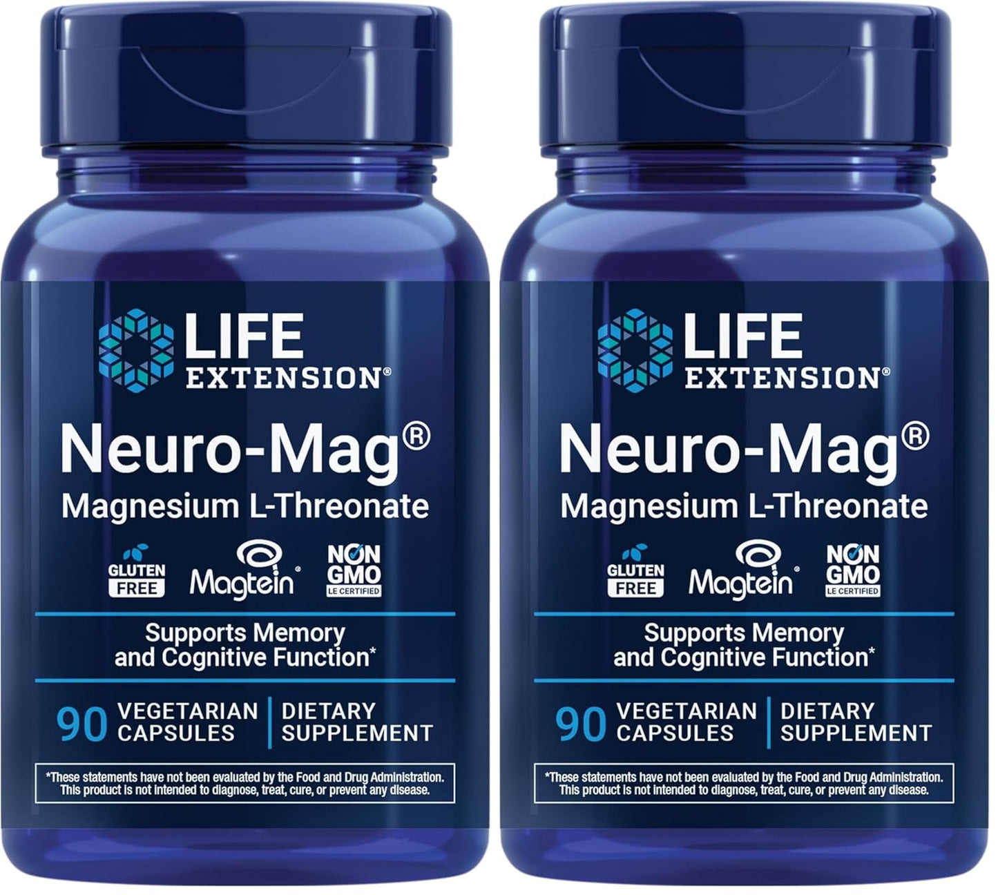 Life Extension Neuro-Mag Magnesium L-Threonate, Memory Health, Quick Thinking, Cognitive Health Support, Vegetarian, Non-GMO, 90 Vegetarian Capsules (144 mg from 2000 mg Magtein Magnesium (Pack of 2)