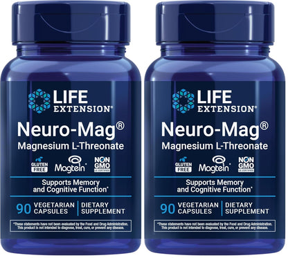 Life Extension Neuro-Mag Magnesium L-Threonate, Memory Health, Quick Thinking, Cognitive Health Support, Vegetarian, Non-GMO, 90 Vegetarian Capsules (144 mg from 2000 mg Magtein Magnesium (Pack of 2)