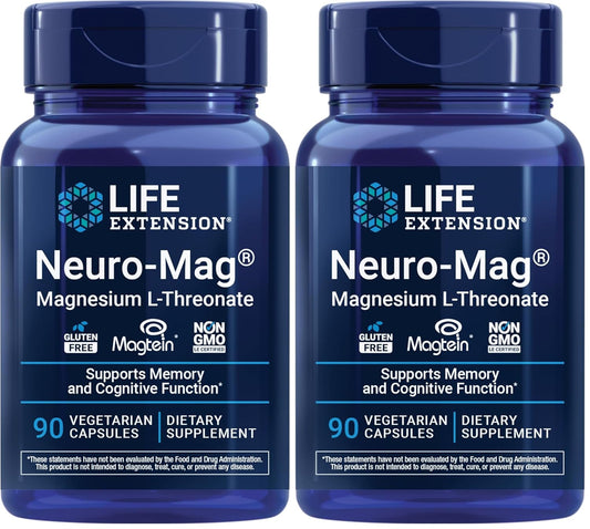 Life Extension Neuro-Mag Magnesium L-Threonate, Memory Health, Quick Thinking, Cognitive Health Support, Vegetarian, Non-GMO, 90 Vegetarian Capsules (144 mg from 2000 mg Magtein Magnesium (Pack of 2)